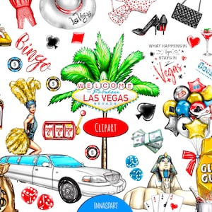 Conjunto de imágenes prediseñadas de Las Vegas de alta resolución: 40 elementos dibujados a mano para planificadores, postales, álbumes de recortes y diseños digitales