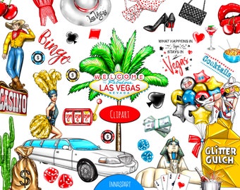 Paquete de imágenes prediseñadas de Las Vegas, conjunto de PNG de casino, pegatinas para planificador, paquete de imágenes prediseñadas de Sin City