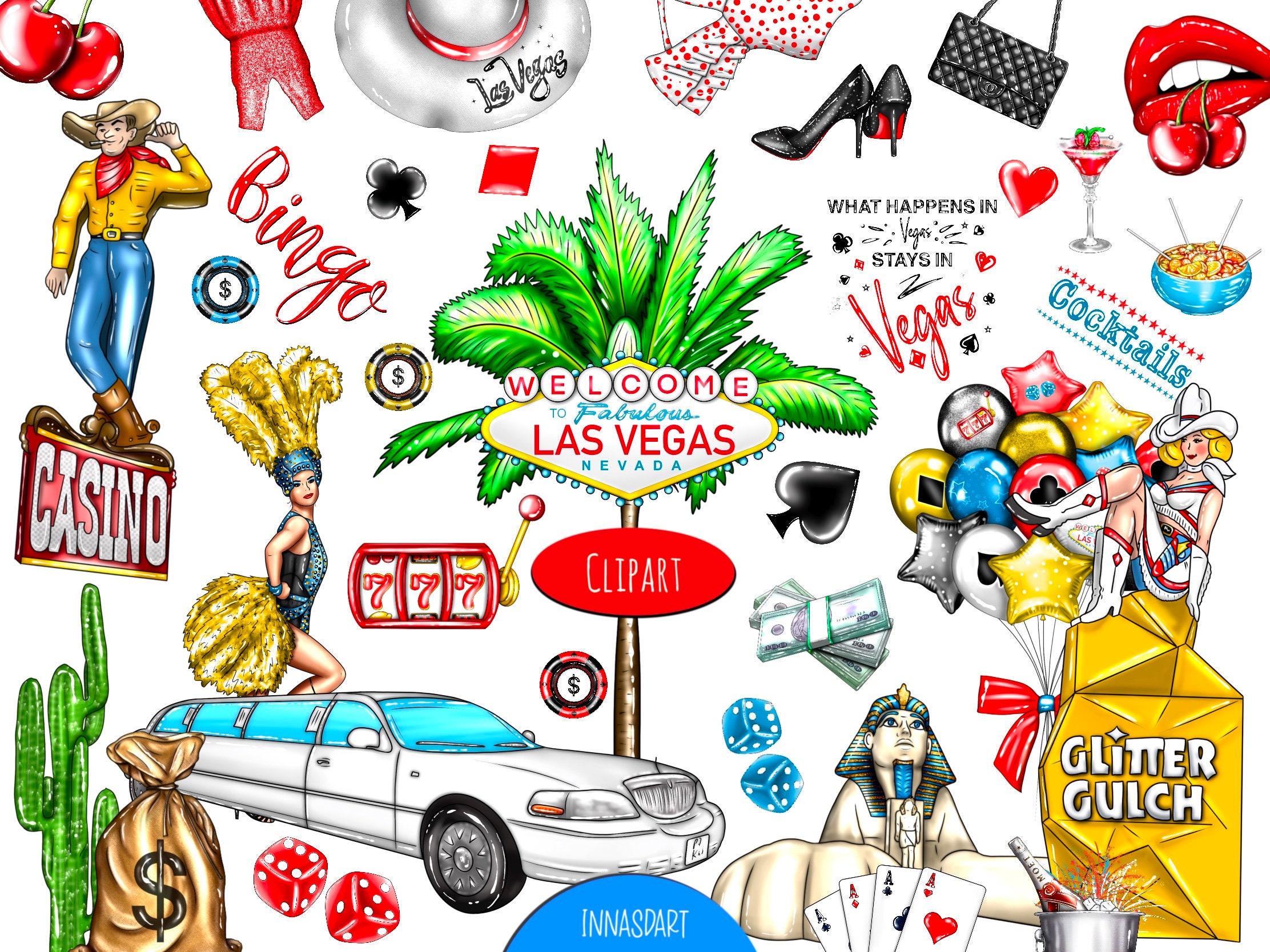High-resolution Las Vegas Clip Art Set: 40 Hand-drawn Elements for