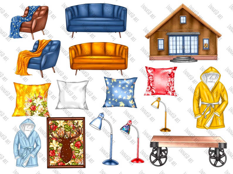 Fall Clip Art Collection with 36 unique, hand-drawn autumn-themed elements like cozy fall attire, apple pie, and harvest items, plus three scenic JPEGs. Ideal for fall planners, seasonal decor, and more, high-resolution PNG and JPEG files.