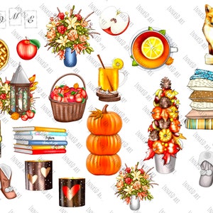 Fall Clip Art Collection with 36 unique, hand-drawn autumn-themed elements like cozy fall attire, apple pie, and harvest items, plus three scenic JPEGs. Ideal for fall planners, seasonal decor, and more, high-resolution PNG and JPEG files.