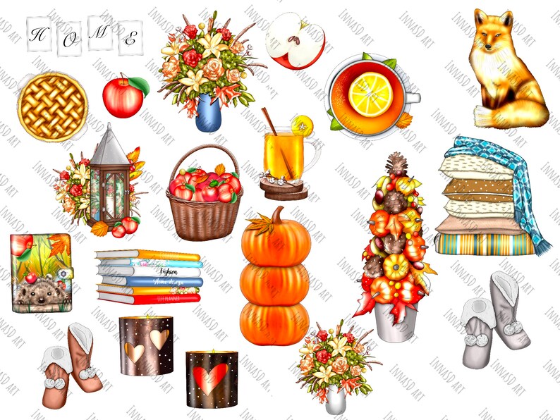 Fall Clip Art Collection with 36 unique, hand-drawn autumn-themed elements like cozy fall attire, apple pie, and harvest items, plus three scenic JPEGs. Ideal for fall planners, seasonal decor, and more, high-resolution PNG and JPEG files.