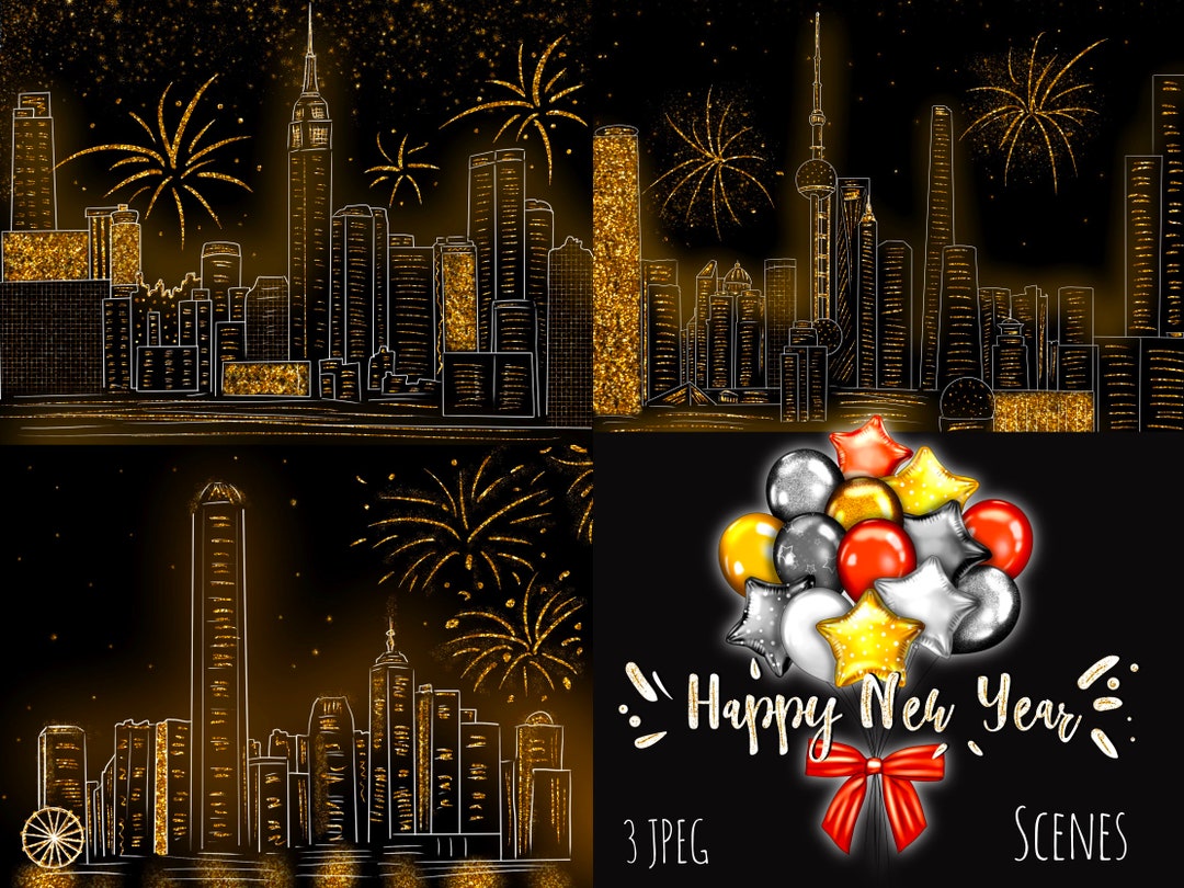 Happy New Year Scenes Printable Postcard New Year Eve - Etsy