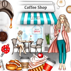 Coffee Shop Clip Art, Planner stickers, Planner accessories Clip art, Fashion Clip art, Coffee e stickers, planning girl stickers, donuts