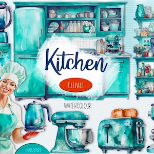 Küchengeräte Aquarell Clipart: Kochen Aufkleber, Türkis Küche & Kochen Clipart, Küchenzubehör