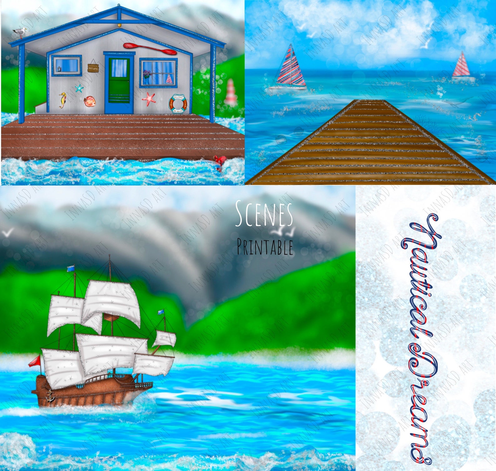 Nautical Dreams Digital Printable Scenes, Nautical Clip Art, Sailor ...