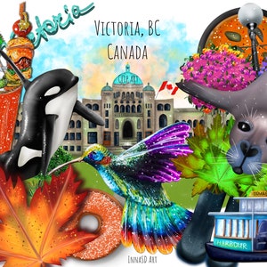 Puede incluir: Una ilustración colorida de Victoria, BC, Canadá. La imagen presenta una variedad de monumentos y símbolos icónicos, incluyendo una bandera canadiense roja y blanca, un edificio con una cúpula verde, una orca en blanco y negro, un colibrí con plumas iridiscentes, una hoja de arce roja, un ferry, una foca y un vaso de bebida roja con una rodaja de lima.