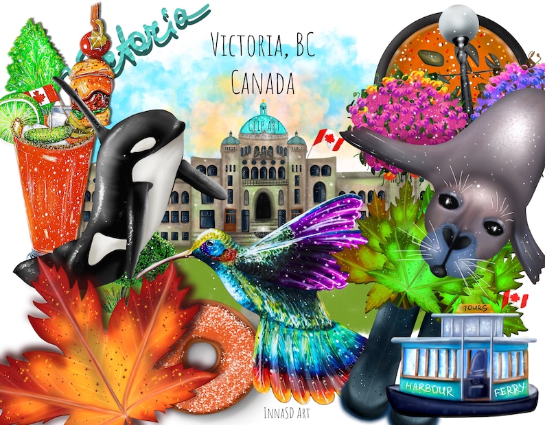 Victoria BC, Canada Clip Art. Parliament Building, Orca, Seal, Harbour
