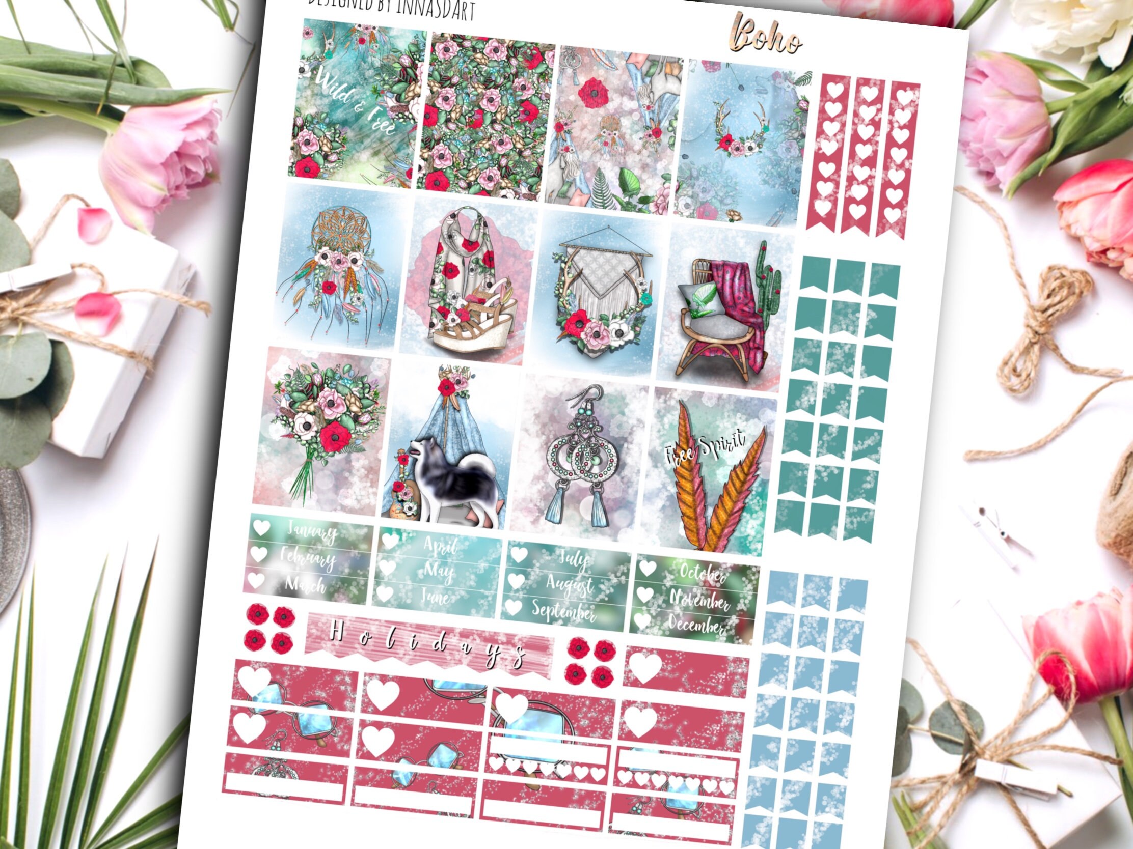 Boho Chic Printable Stickers Hippy Theme Vertical Planner (digital ...