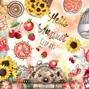 Olá clipart de agosto, clipart de verão, clipart de girassol, planejador de agosto, adesivos de verão, planejador de verão, adesivo de ouriço, melancia