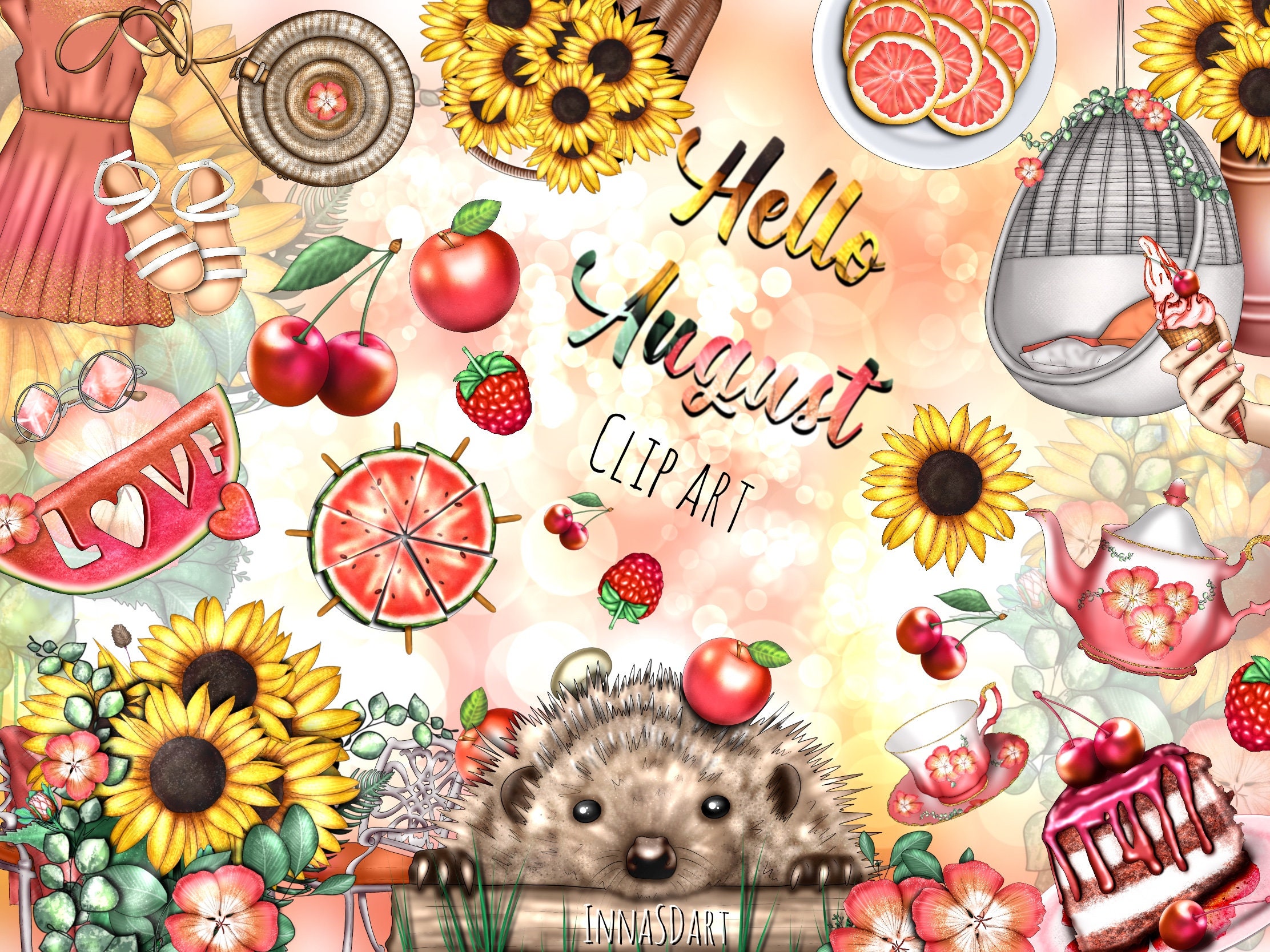 Hello August Clipart, Summer Clipart, Sunflower Clipart, August Planner