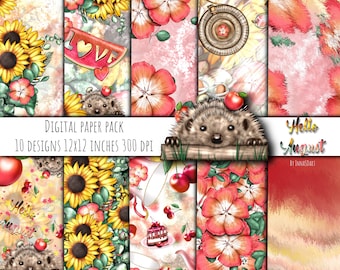 Hola Agosto Papeles Digitales, Papeles Digitales de Verano, Fondos de Verano, Clipart de Verano, Ilustraciones de Verano, Planificador Digital de Verano, Floral