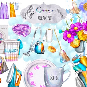 Spring Home Cleaning Aquarelle Clip art, Autocollants de nettoyage, Autocollants planificateur, Autocollants de blanchisserie, Clipart de blanchisserie, Maison fraîche et propre