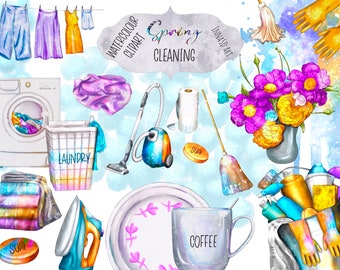 Spring Home Cleaning Watercolor Clip art, Cleaning Stickers, Planner stickers, Laundry Stickers, Laundry Clipart, Fresh and Clean House