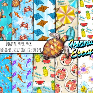 Island Escape digitale Papiere, Urlaub digitale Papiere, Reise Hintergrund, Urlaub Clip Art, tropische Sommer Clip Art, Reiseplaner