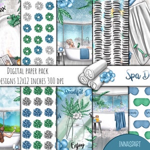 Papiers numériques Spa Day , Arrière-plans numériques Spa Day, Spa Day Clipart, Spa Day Planner, Illustrations de soins personnels, Spa Essentials, Salle de bain