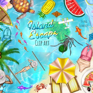 Tropical Island Escape Clip Art, Sommer Urlaub Grafiken, digitale Planner Aufkleber, Reise Aufkleber, Instant Download