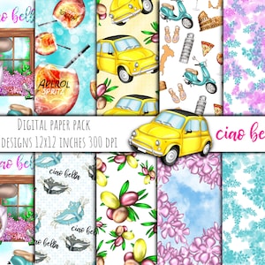 Ciao Bella Digital Paper Pack, Italiaanse patronen, Italiaanse vakantie Papers, Italië clip art, Travel clip art, fashion stickers, reisplanner