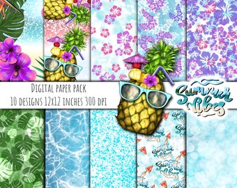 Summer Vibes Digital Papers, Vacation Digital Papers, Fondos de viaje, Imágenes prediseñadas de vacaciones, Imágenes prediseñadas tropicales de verano, Planificador de viajes, Playa
