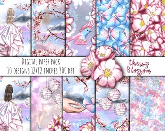 Papel digital cherry blossom, papeles digitales de primavera, papeles digitales florales, papeles prediseñados de moda, pegatinas de primavera, planificador de primavera