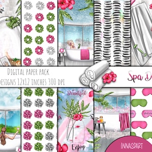 Papiers numériques Spa Day , Arrière-plans numériques Spa Day, Spa Day Clipart, Spa Day Planner, Illustrations de soins personnels, Spa Essentials, Salle de bain