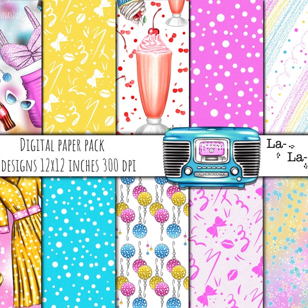 Pinup Style Retro Digital Papers, Old Fashioned Digital Papers, Retro Backgrounds, Retro Planner, Retro Illustrations, Polka Dot Papers