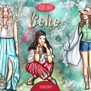 Boho Fashion Girls Clip Art, Boho Clipart, Gypsy Clipart, Summer Clipart, Boho planner, Boho Stickers, Fashion Planner, Hipster Stickers