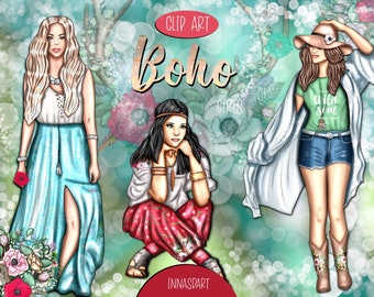 Boho Fashion Girls Clip Art Bohemian Planner Stickers (Digital Download)