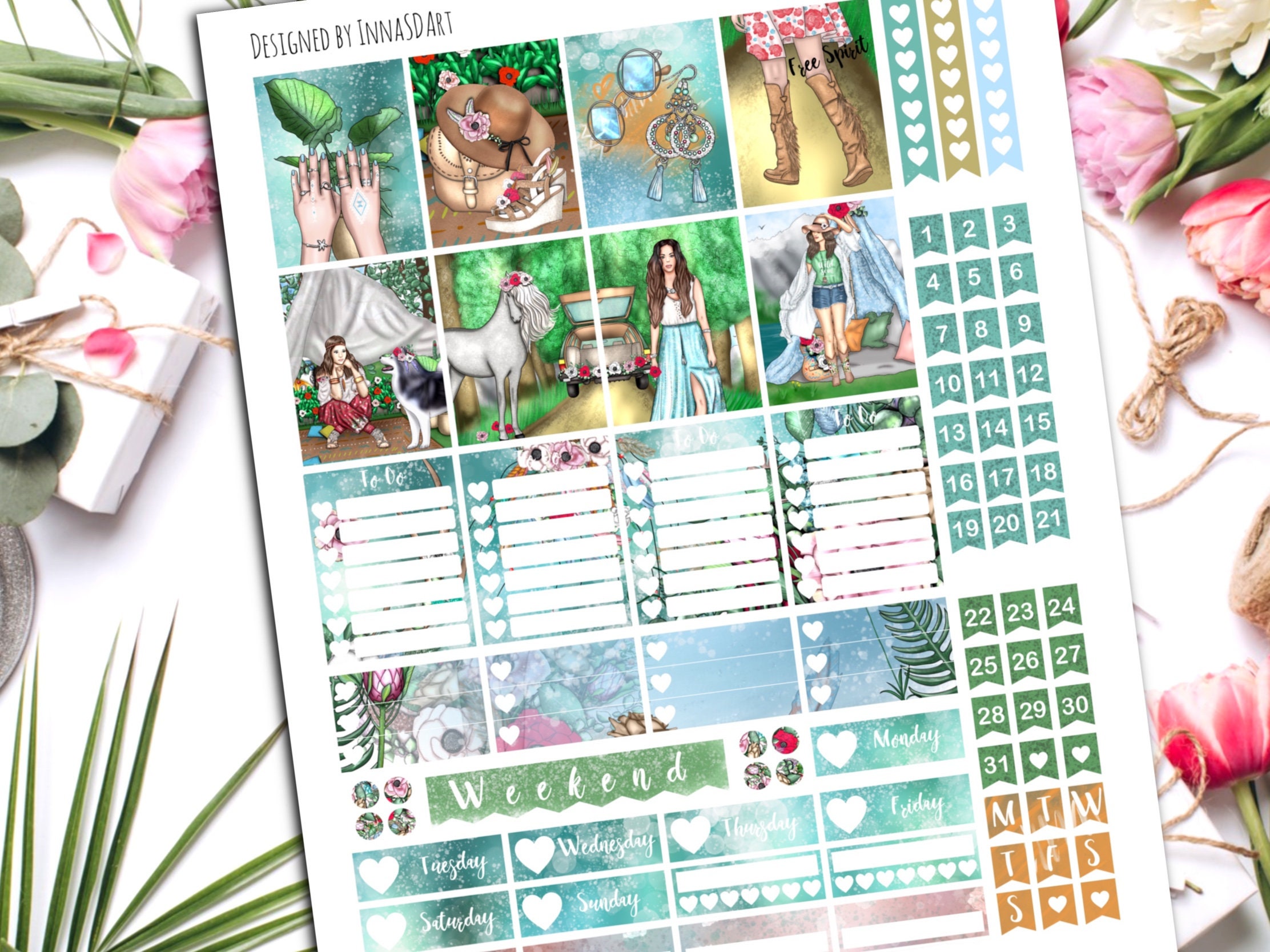 Boho Chic Printable Digital Planner Stickers, Boho Stickers, Boho