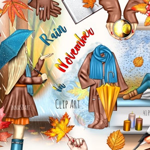 Fall Clip Art, Rainy Day Clip Art, November Planner, Fall Stickers, Fashion Clip Art, Fall Planner, Digital Stickers, Girl with Umbrella