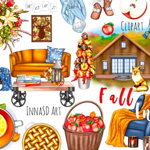 Fall Clip Art Collection with 36 unique, hand-drawn autumn-themed elements like cozy fall attire, apple pie, and harvest items, plus three scenic JPEGs. Ideal for fall planners, seasonal decor, and more, high-resolution PNG and JPEG files.