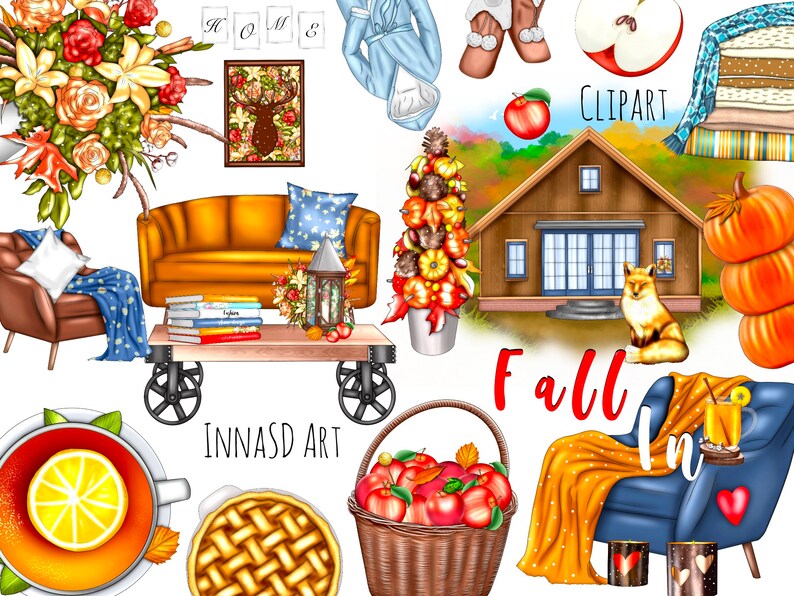 Fall Clip Art Collection with 36 unique, hand-drawn autumn-themed elements like cozy fall attire, apple pie, and harvest items, plus three scenic JPEGs. Ideal for fall planners, seasonal decor, and more, high-resolution PNG and JPEG files.