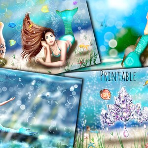 Syrena, Romantyczna pocztówka, Podwodna ilustracja, Magiczna dziewczyna, Podwodny świat, Wydrukowana pocztówka, Życie oceaniczne, życie morskie, planer