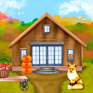May include: A brown wooden house with a blue door and windows, surrounded by autumn foliage. A basket of red apples sits on a wooden cart in front of the house. A red fox sits on the grass in front of the house.