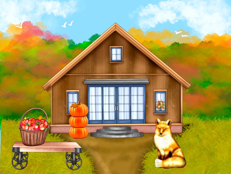 May include: A brown wooden house with a blue door and windows, surrounded by autumn foliage. A basket of red apples sits on a wooden cart in front of the house. A red fox sits on the grass in front of the house.