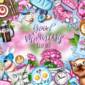 Good Morning ClipArt, Cozy Fashion ClipArt, Pegatinas de fin de semana, Pegatinas de la mañana, Planificador digital, Pegatinas digitales, Pegatina de planificador imprimible