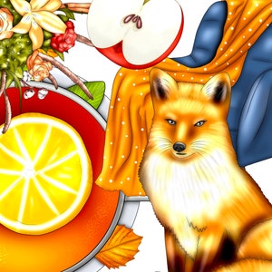 May include: A cosy autumn scene with a cup of tea, a lemon slice, a red apple, a fox sitting on a blue armchair with an orange throw blanket, and a bouquet of flowers.