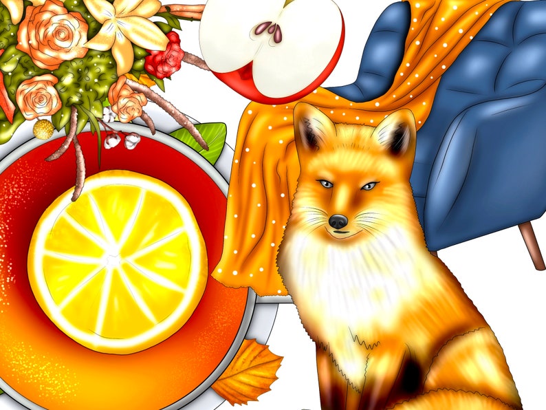 May include: A cosy autumn scene with a cup of tea, a lemon slice, a red apple, a fox sitting on a blue armchair with an orange throw blanket, and a bouquet of flowers.