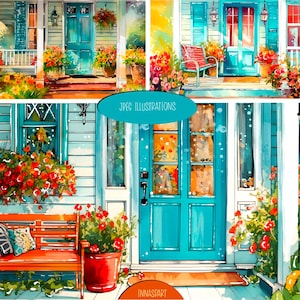 Porches de maison de charme avec des fleurs d'été en fleurs - Illustrations numériques à l'aquarelle