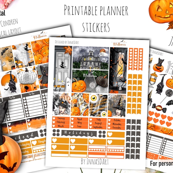 Spooky Halloween Printable Planner Stickers, Fall Planner, Pumpkin Stickers, Spooky Stickers, Halloween Digital Stickers, Erin Condren