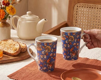 Kalamkari Bone China Mugs – Set of 2, Tea Mug, Gifts for Her