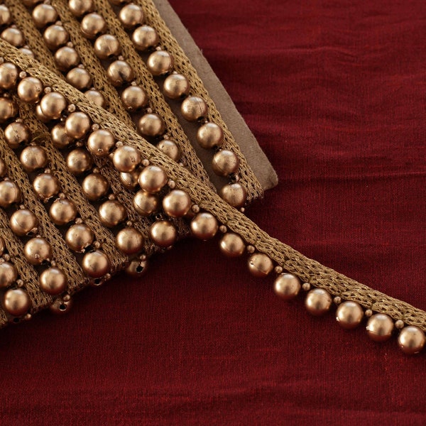 Antique Gold Beaded Trim, Zari Trim with Gold Beads, Indian Fabric Trim, Bridal Wear Embellishment, Beaded Ribbon