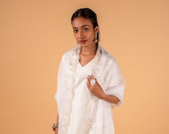 Dupatta de organza blanca bordada, velo de novia