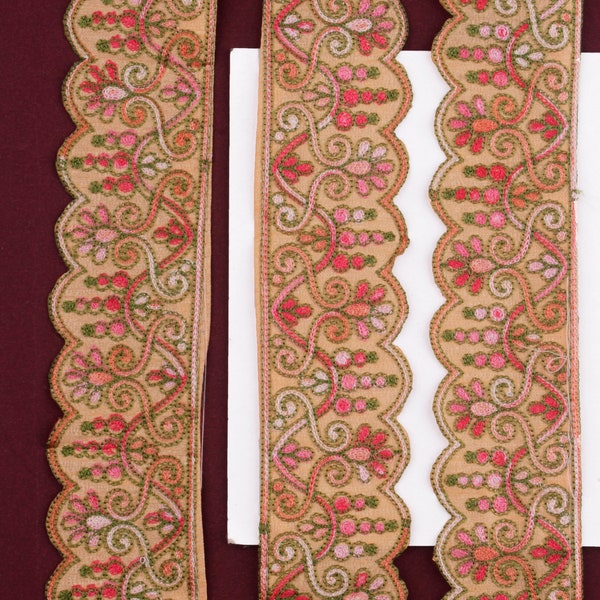 1 yard - Peach Embroidered Trim, Scallop Trim, Indian Decorative Trim, Boho Embroidered Lace, Costume Trim, Trim for Curtains, Floral Lace