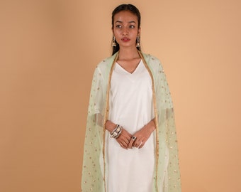 Mint groene Dupatta, pailletten netto stof, Lehenga Dupatta, Indiase geborduurde stof, bruids Dupatta, Salwar Dupatta, bruidsmeisje geschenken