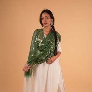 Green Bridal Dupatta, Ombre Sequin Dupatta, Embroidered Georgette, Indian Lehenga Dupatta, Salwar Suit Dupatta, Bridesmaid Gifts, Veil