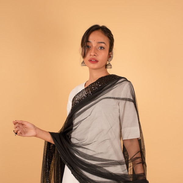 Black Sequin Dupatta, Shimmer Fabric, Embroidered Net Dupatta, Indian Embroidered Fabric, Dupatta Fabric, Lehenga Dupatta, Bridesmaid Gifts
