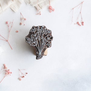 Sello de ramo de flores, sello de impresión en bloque, sello de bloque de madera, sellos botánicos, impresión en bloque DIY, sello para textiles, cerámica, diario