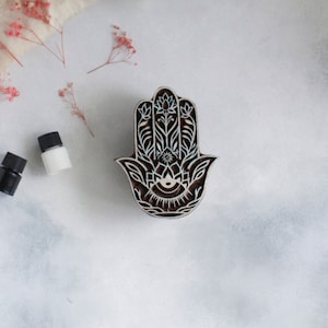 Sello de mano mística, sello de bloque de madera, sello de hamsa, sello de impresión en bloque, sello de cerámica, sello de tela, sello de bloque tallado a mano, sello de arcilla