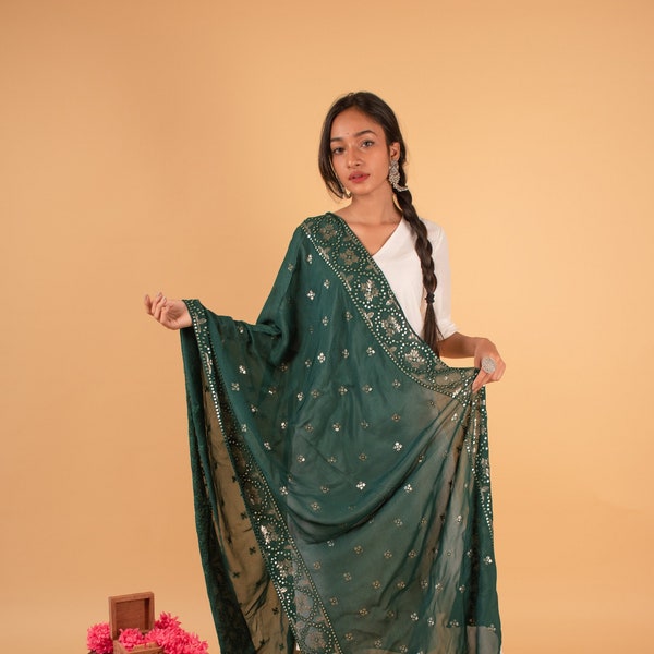 Emerald Green Dupatta, Embroidered Chiffon, Indian Lehenga Dupatta, Bridal Dupatta, Sequin Fabric, Salwar Suit Dupatta, Bridesmaid Gifts